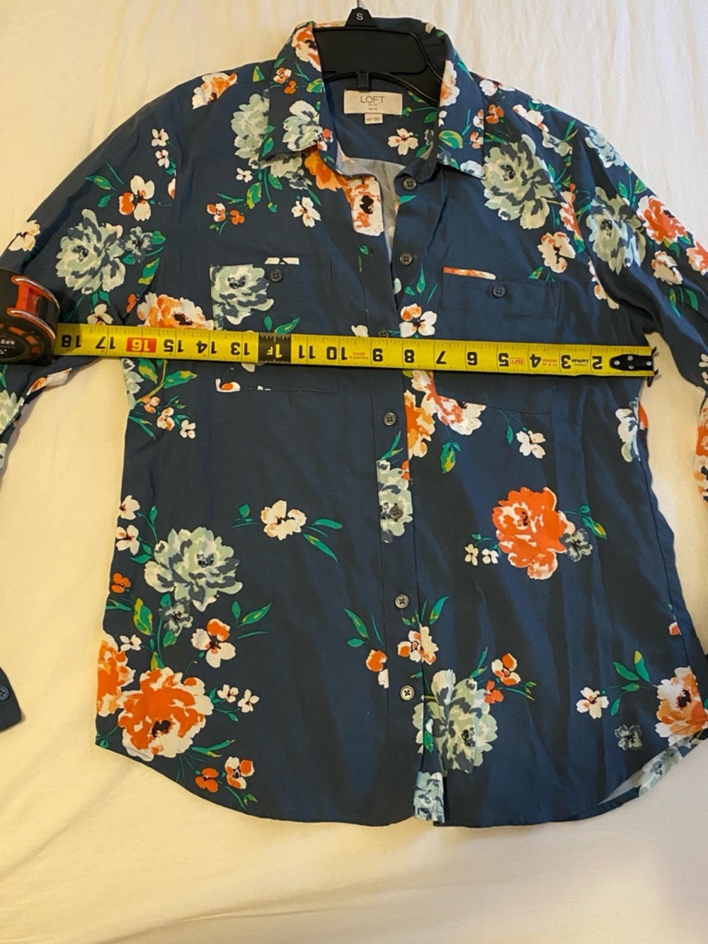 LOFT Navy Floral Button-Down Blouse with Orange and Green Accents